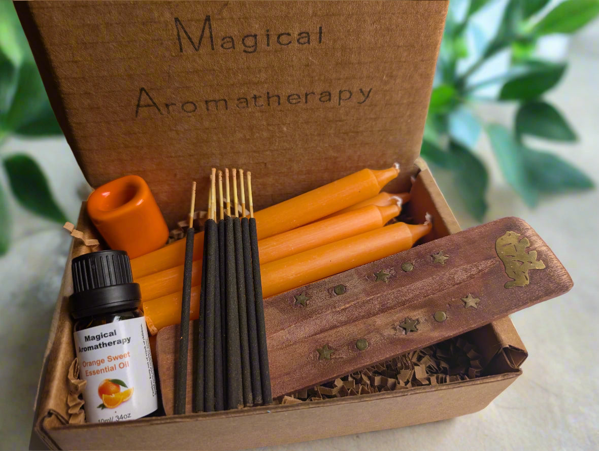 Joy Intention Kit includes Wood Incense Burner with Brass Elephant Inlay